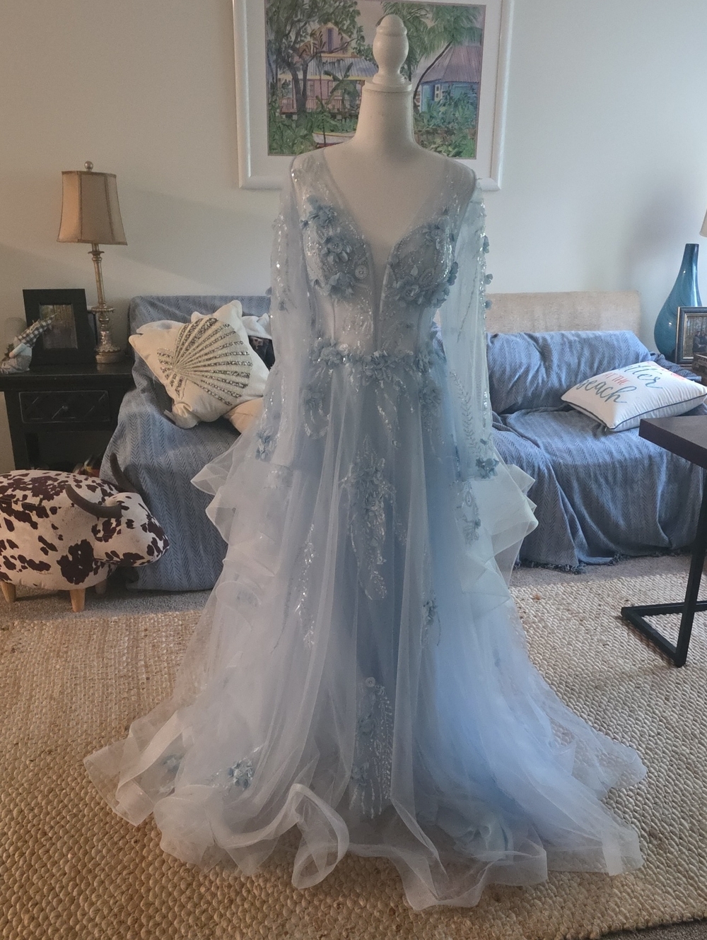 Elegant Light Blue Embellished Tulle Gown